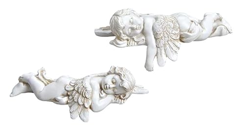 TEMPELWELT® Deko Engel Figur Liegend Schlafend im 2er Set je 13 cm, Polystein Antik Weiß Altweiß, Kantensitzer Engelfigur Schutzengel Engelkind Dekoengel Engelchen von TEMPELWELT