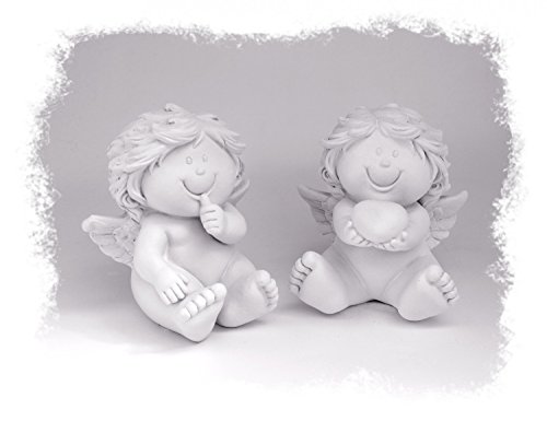 TEMPELWELT® Deko Engel Figur Schutzengel Sitzend im 2er Set je 8 cm, Polystein Weiß, Babyengel mit Herz Engelkind Engelchen Rubensengel Engelfigur Dekoengel Lachend von TEMPELWELT