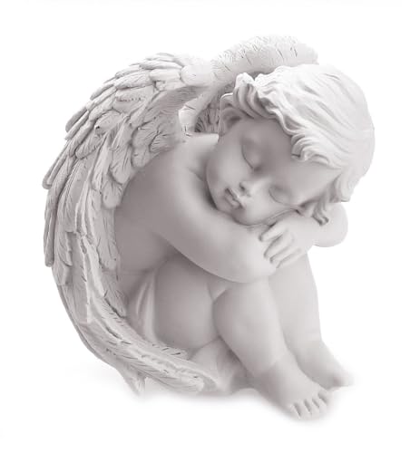 TEMPELWELT® Deko Engel Figur Sitzend Schlafend 12 cm, Polystein Weiß, Schöne Engelfigur Schutzengel Engelkind Dekoengel Engelchen Träumend von TEMPELWELT