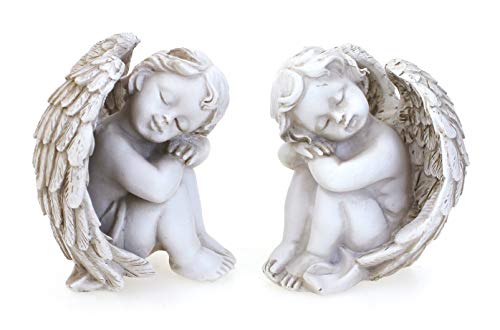 TEMPELWELT® Deko Engel Figur Sitzend Schlafend im 2er Set je 8 cm, Polystein Altweiß Antik Weiß, Engelfigur Schutzengel Engelkind Dekoengel Engelchen Träumend von TEMPELWELT