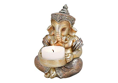 TEMPELWELT® Deko Figur Ganesha mit Teelichthalter 11 cm, Polystein Champagner Gold Silber, Elefantengott Statue sitzend, Hindu Gott Ganesh Elefant, Buddha Indien von TEMPELWELT