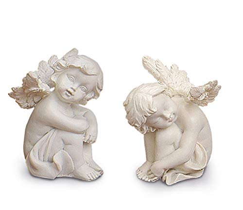 TEMPELWELT® Deko Engel Figur Sitzend Schlafend im 2er Set je 8 cm, Polystein Altweiß, Engelfigur Schutzengel Engelkind Dekoengel Engelchen Träumend von TEMPELWELT