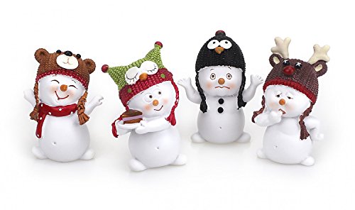 TEMPELWELT 4 x Deko Figur Schneemann mit Wintermütze im Set je ca. 5,5 cm hoch, Polystein weiß mit bunten Mützen, Schneemänner Figuren Geschenkdeko Winter Weihnachten von TEMPELWELT