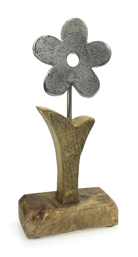 TEMPELWELT® Deko Figur Blume 22 cm, Aluminium Metall Blüte Silber mit Mango Holz massiv Natur, Holzdekoration Blümchen Aufsteller Frühling Ostern Sommer von TEMPELWELT