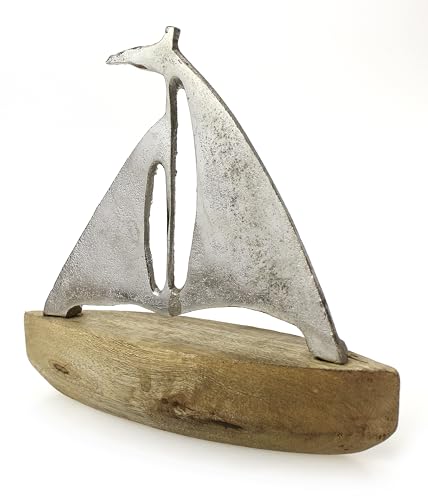 TEMPELWELT Deko Figur Boot Segelboot 17x17 cm, Mango Holz massiv Natur braun Metall Alu Silber, Dekoboot maritimer mediterraner Bootaufsteller Baddeko Sommer von TEMPELWELT