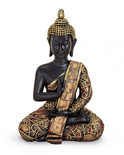 TEMPELWELT® Deko Figur Buddha Statue Amoghasiddhi sitzend 15 cm, Polystein schwarz gold rot, Dhyani-Buddha Dekofigur Thai Buddha Statue Buddhafigur von TEMPELWELT