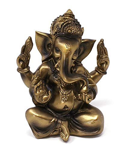 TEMPELWELT® Deko Figur Ganesha vierarmig 11 cm, Polystein antik Gold, Elefantengott Statue sitzend, Hindu Gott Ganesh Elefant, Buddha Indien Asien von TEMPELWELT