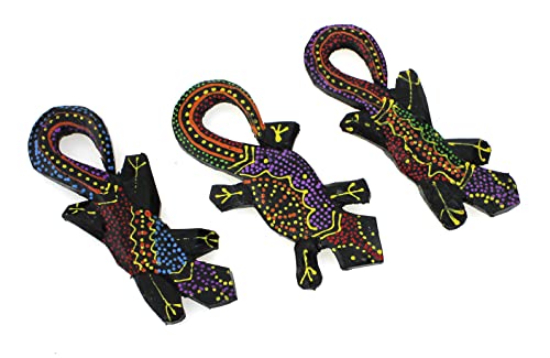 TEMPELWELT Deko Figur Gecko mit Magnet im 3er Set, Albesia Holz dotpainting punktbemalt bunt, 10cm lang, Holzfigur Echse Kühlschrankmagnet, Kunsthandwerk aus Bali handgefertigt von TEMPELWELT