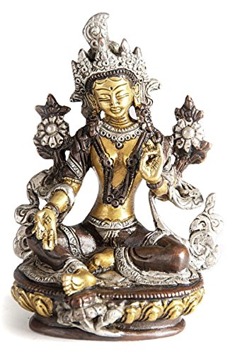 TEMPELWELT Deko Figur Grüne Tara auf Lotusthron 14 cm, Messing massiv dreifarbig, Tibet Dölma Statue Shyama-Tara weiblicher Buddha von TEMPELWELT