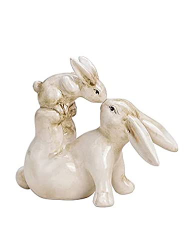 TEMPELWELT® Deko Figur Osterhase Hase mit Kind 11 cm, Keramik alt-weiß braun, Dekofigur Dekohase Hasenfamilie Osterdeko Osterfigur für Frühling Ostern Sommer von TEMPELWELT