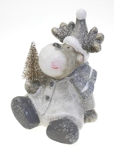 TEMPELWELT Deko Figur Rentier Elch 13 cm, Keramik grau braun weiß, Rentierfigur Regalsitzer Winterdeko zum Hinsetzen von TEMPELWELT