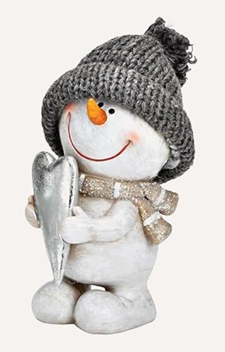 TEMPELWELT Deko Figur Schneemann mit Herz 14 cm, Keramik grau weiß, Dekofigur Schneemannfigur Winterdeko Winter Weihnachten von TEMPELWELT