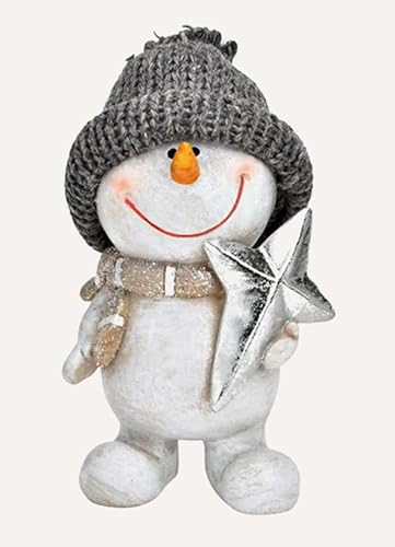 TEMPELWELT Deko Figur Schneemann mit Stern 14 cm, Keramik weiß grau, Dekofigur Schneemannfigur Winterdeko Winter Weihnachten von TEMPELWELT