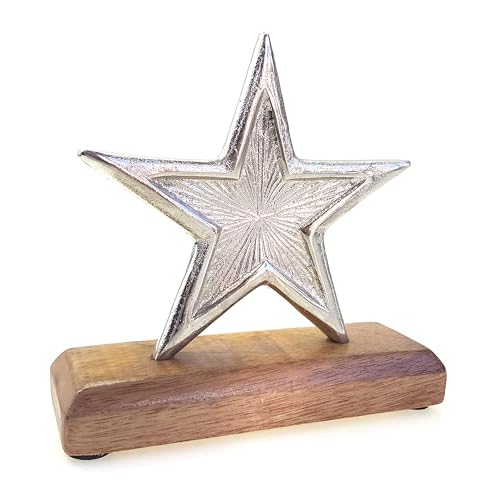TEMPELWELT Deko Figur Stern Sternaufsteller 15 cm, Aluminium Metall Silber auf Holz Fuß Mangoholz, Winterstern Weihnachtsstern Sternfigur von TEMPELWELT