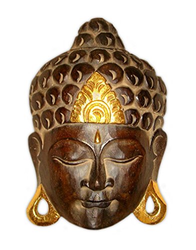 TEMPELWELT Maske Holzmaske Buddha Abbild Wanddekoration Relief aus Holz braun Gold, Buddhakopf Höhe 25 cm handgefertigt Kunsthandwerk aus Bali Lombok Afrika von TEMPELWELT