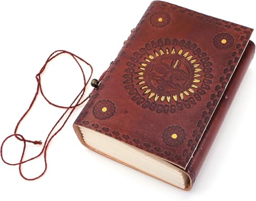 TEMPELWELT Tagebuch Sonne Notizbuch 9 x 12 cm, Ledereinband rot-braun mit Prägung Motiv Sonne, Seiten blanko unliniert, Blank Book antik mit Schnürung handmade von TEMPELWELT