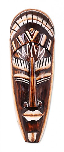 TEMPELWELT Wanddekoration Maske Holzmaske Bali 30 cm, Holz braun weiß, Kunsthandwerk Bali Lombok Dekomaske im afrikanischen Stil von TEMPELWELT