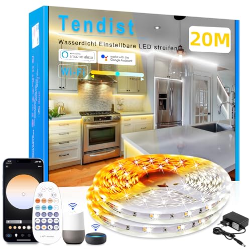 TENDIST 20M Led Streifen Warmweiss Alexa Kompatibel, 3000k Kaltweiß 6500K LED Strip Weiß Lichtband mit Fernbedienung, Dimmbar Selbstklebend Unterschrank Beleuchtung Led Strifen für Küche, Vitrinen von TENDIST