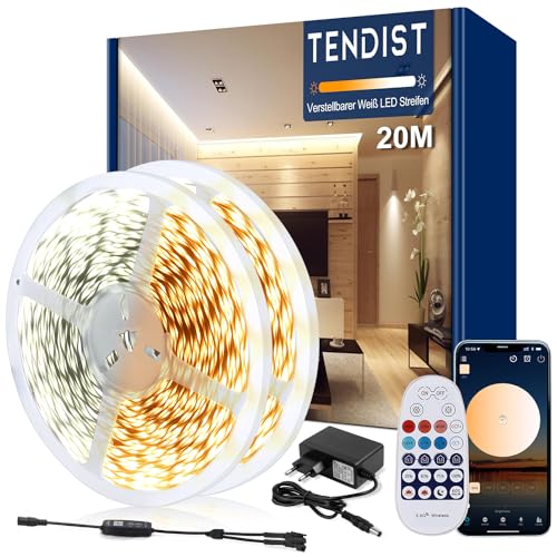 TENDIST Led Strip Weiß Dimmbar, 3000K-6500K Warmweiß bis Kaltweiß 24V Led Streifen Selbstklebend mit Fernbedienung, Smart App and Controller Function (‎Warmweiß 3000k Kaltweiß 6500k, 20M) von TENDIST