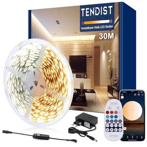TENDIST Led Strip Weiß Dimmbar, 3000K-6500K Warmweiß bis Kaltweiß 24V Led Streifen Selbstklebend mit Fernbedienung, Smart App and Controller Function (‎Warmweiß 3000k Kaltweiß 6500k, 30M) von TENDIST