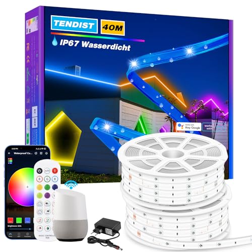 TENDIST Aussenbereich LED Streifen 40M, WiFi Led Strip Wasserdicht, RGB IP67 Outdoor LED Band Kompatibel mit Alexa, Siri und Google Home, LED Lichtband Außen für Balkon, Pavillon Beleuchtung von TENDIST