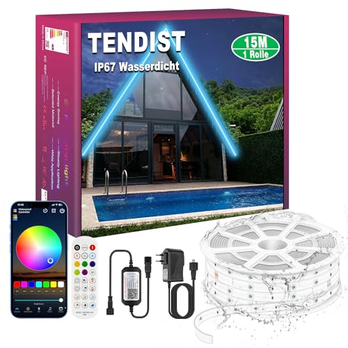 TENDIST IP67 RGB LED Strip Aussenbereich, 24V LED Band Aussenbereich Wasserdicht mit Musik Synchronisieren, LED Streifen Wasserdicht Selbstklebend für Pavillon, Outdoor Beleuchtung (RGB, IP67-15M) von TENDIST