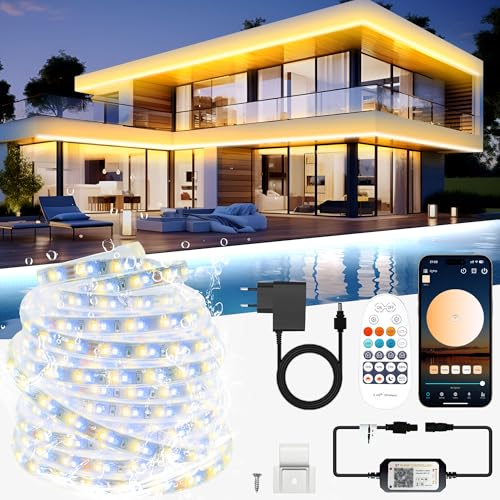 TENDIST LED Strip 10M Aussenbereich Warmweiss bis Kaltweiß Dimmbar, LED Band Outdoor IP67 Wasserdicht Weiß mit Smart APP und Fernbedienung, 24V Außen LED Streifen Selbstklebend für Küche, Pavillon von TENDIST