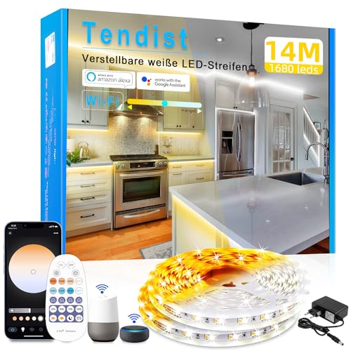 14M LED Strip Warmweiß 3000k Kaltweiß 6500K, Tendist Alexa Kompatibel Weiß Led Lichtband mit Fernbedienung, Dimmbar Selbstklebend Unterschrank Beleuchtung Led Strifen für Küche, Zimmer, Vitrinen von TENDIST