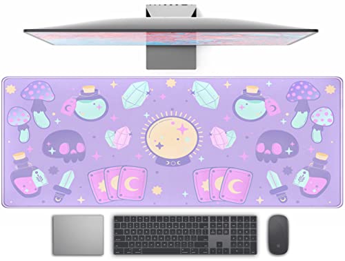 Niedliche Anime-Schreibtischunterlage in Pastellviolett, Kawaii-Zauberpilz, Kristall, XL, Gaming-Mauspad, Laptop-Tastaturmatten für Büro, Schreibtisch, Dekor-Pad, 80 x 30 cm, genähte Kanten mit von TENG DA QING