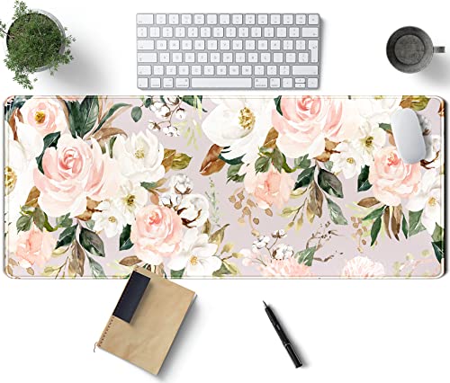 Pink Flowers Keyboard Pad PC Gaming Desk Mat Desk Mouse Pads Green Leaves Floral Mouse Pad Large, Computer XL Big Mousepad Deskpad Mat with Stitched Edge for Women Home Office Decor 80 x 30 cm von TENG DA QING