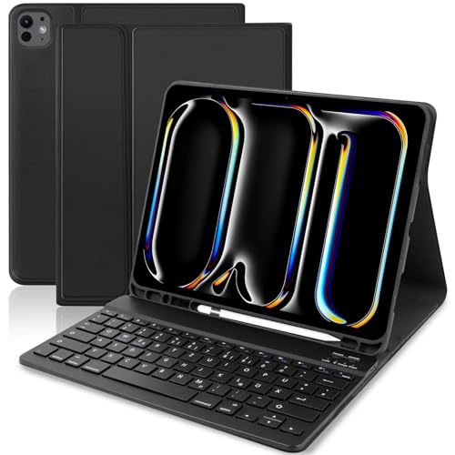 TENGWUDZ Tastatur Hülle für iPad Pro 13 Zoll 2024 (M4), Schutzhülle mit Bleistifthalter und QWERTZ Deutsches Abnehmbarer Kabellose Tastatur für iPad Pro 13 Zoll (Schwarz) von TENGWUDZ