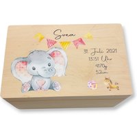 Erinnerungskiste Baby Mit Namen "Elefant Wimpel Rosa" Geburtsdatum Erinnerungsbox Für Kinder von TENII