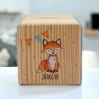 Holzspardose "Fuchs Wimpel" Personalisiert Mit Namen von TENII