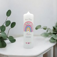 Taufkerze Personalisiert Mit Namen Datum Und Taufspruch "Regenbogen Blumen Rosa", Patenkerze, Regenbogen, Taufgeschenk von TENII
