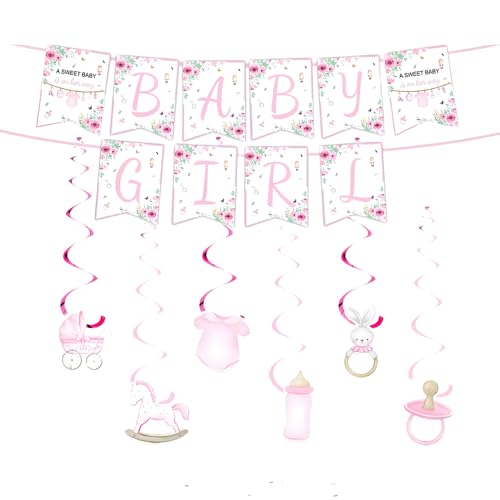 TENNYCHAOR Babyparty-Dekorationen für Mädchen, rosa Blumenbanner mit hängenden Spiralen, Willkommens-Baby-Party-Girlande. von TENNYCHAOR