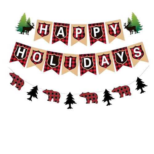TENNYCHAOR Banner mit Aufschrift "Happy Holidays", Büffelkariert, rustikaler Bär und Baumgirlande, für drinnen und draußen, Weihnachtsdekoration, Silvester-Dekoration. von TENNYCHAOR
