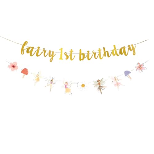 TENNYCHAOR Banner zum ersten Geburtstag, Garten-Mottoparty-Dekoration, Pilz- und Märchen-Design, für Mädchen, Prinzessin, Babyparty, Partyzubehör. von TENNYCHAOR