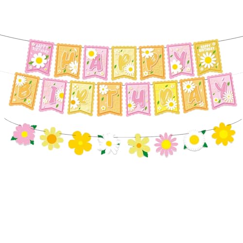 TENNYCHAOR Happy Birthday-Banner-Set, Gänseblümchen-Blumen-Girlande, rosa und gelbe Geburtstagsparty-Dekorationen, böhmische groovige Geburtstagsdekoration. von TENNYCHAOR