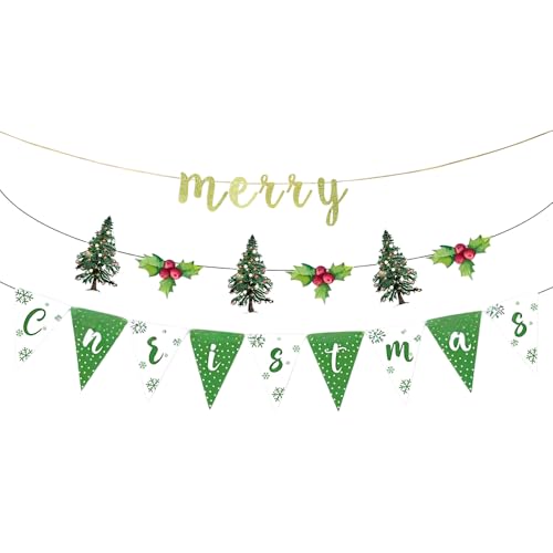 TENNYCHAOR Weihnachtsbanner Set, Frohe Weihnachten und Baum Girlande, Grün Urlaub Party Dekorationen für Wand Fenster Kamin von TENNYCHAOR