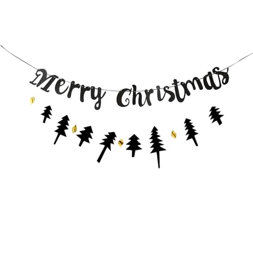 TENNYCHAOR Wimpelkette mit Aufschrift "Merry Christmas", nordischer Stil mit Bäumen, Party-Dekoration, lustige Wand- und Türeingang und Kamindekoration, Schwarz von TENNYCHAOR
