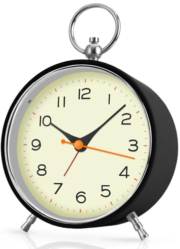 TENOCK Retro Wecker Analoge Ohne Ticken mit Nachtlicht Snooze, 4.3'' Runde Batteriebetrieben Laut für Tiefschläfer, Wecker Ohne Strahlung für Schlafzimmer Wohnzimmer (Schwarz) von TENOCK