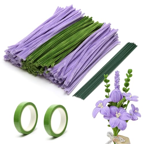 TENTHPEO Pfeifenputzer zum Basteln Set, 300 Stück Pfeifenreiniger zum Basteln in 3 Farben, Tulpe Blumenstrauß Pfeifenreiniger Chenilledraht für Blumenstrauß DIY Basteln und Dekorationen von TENTHPEO