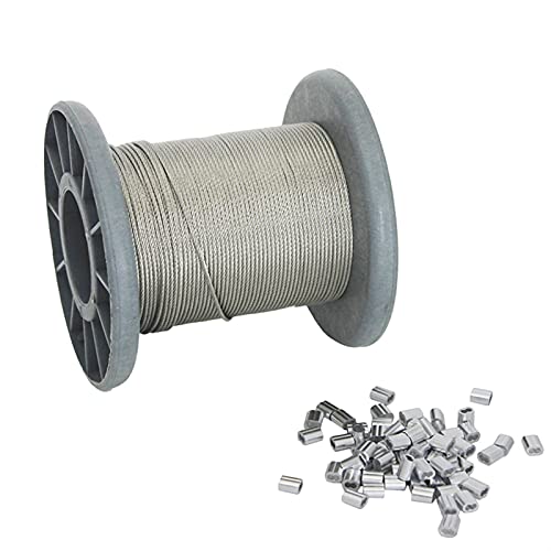 Drahtseil,Edelstahl Seil 50m / 100m 304 Edelstahldraht Seil Klettern Harness Stahlkabel 1,2mm, 1,5 mm Durchmesser + 50/100 Stück Ärmeln Aluminium(1.2mm 50m) von TENVORA