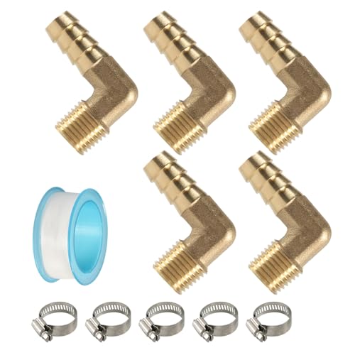 TENYELE 5pcs Messingschläuche Barb Reduzierer 90 Gräume Ellbogen 1/8 "bis 3/8" Mit Klemmen Splicer Anpassungsbrennstoffen/Wasser/Luft/Ölanschluss von TENYELE