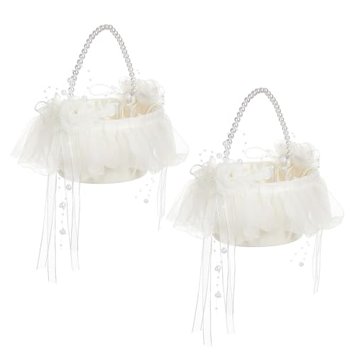 Hochzeits-Blumenmädchenkorb, Set mit 2 Feen-Blumenmädchenkörben mit Perlengriff und langen Bändern, Satin-Blumenkörbe, Süßigkeiten-Geschenkkorb für Blumenmädchen, Hochzeitszeremonie (2 Stück) von TEOSTWF