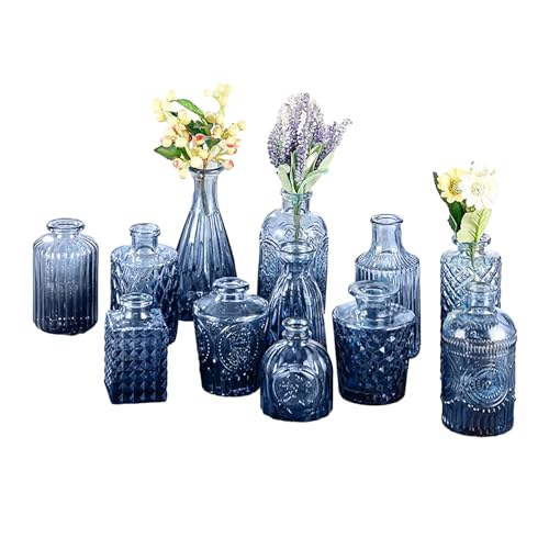 Kleine Glasvasen für Tafelaufsätze, Glasknospenvasen-Set, 12 Stück, Glasvasen-Set mit Relief-Design, Ideal für Heimdekoration, Vintage-geprägte Vase für Heimdekoration(Blau) von TEOSTWF