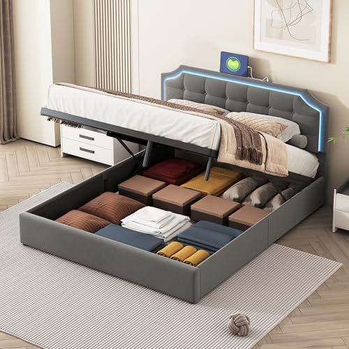 TEOSTWF 140x200 cm Hydraulisches Stauraumbett, Doppelbett mit LED-Beleuchtung und Ladestation, gepolstertes Bettgestell mit Lattenrost, Grau von TEOSTWF