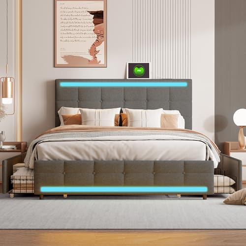 TEOSTWF Doppelbettrahmen mit RGB-LED-Leuchten, Ladestation, Kopfteil, 4 Unterbettschubladen und verstellbarem getuftetem Kopfteil, Leinen, Grau, 140 x 200 cm TEOSTWF Doppelbettrahmen mit RGB-LED-Leuchten, Ladestation, Kopfteil, 4 Unterbettschubladen und verstellbarem getuftetem Kopfteil, Leinen, Grau, 140 x 200 cm von TEOSTWF