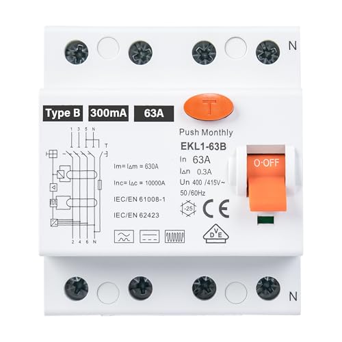 FI Schutzschalter 63A 300mA 4 Polig Typ B | VDE Geprüft | Fehlerstromschutzschalter Allstromsensitiv | Für Wallboxen & Ladestationen | RCD Sicherung von TEOV