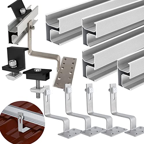 TEOV Für 2x PV Modul Solarmodul Halterung Montageschiene Solarschiene Set Ziegeldach 35MM,Befestigung Schiene Dachhaken, Befestigungssystem Solar Alu Halterung von TEOV